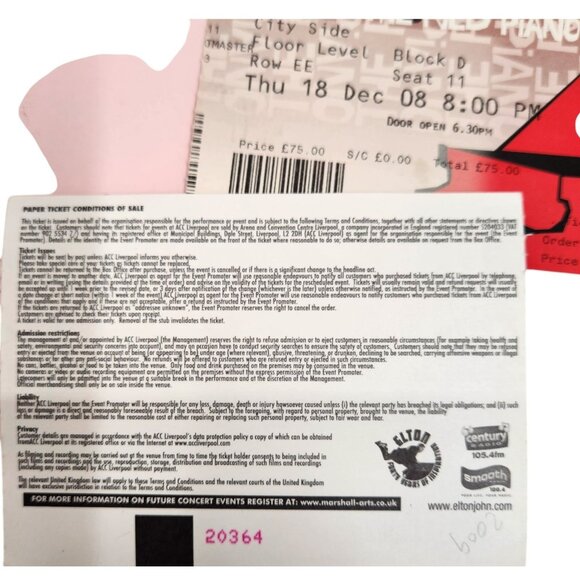 Elton John "The Red Piano" 12/18/2008 Concert Tickets Echo Arena, Liverpool - Picture 6 of 6